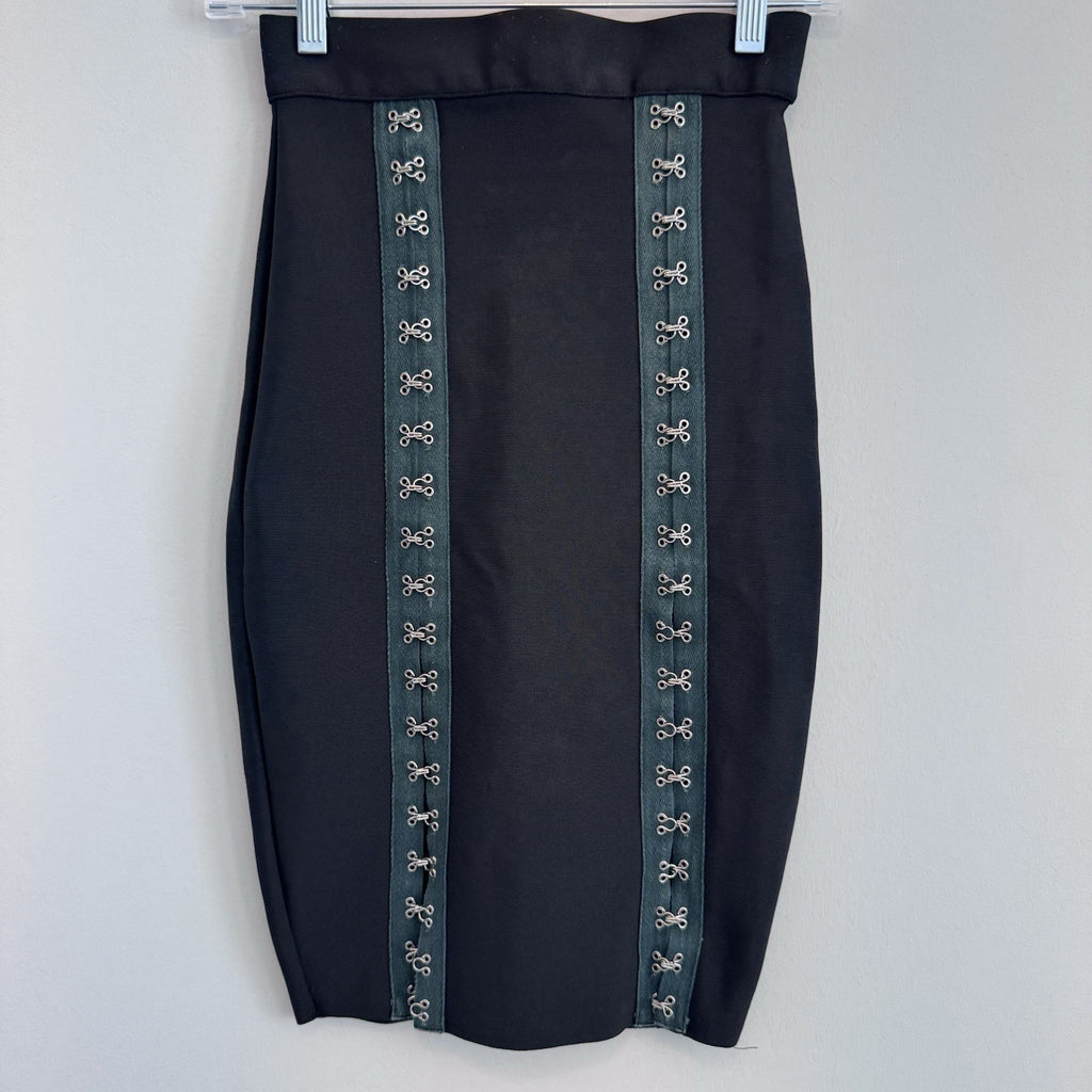 WOW Couture Black Bandage Pencil Skirt Hook & Eye Front Detail Medium M