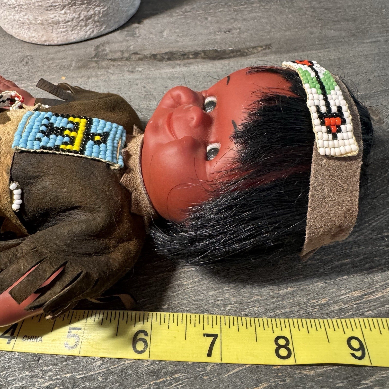 Vintage Native American Indian Doll Vinyl Souvenir Beaded Outfit Red Fringe
