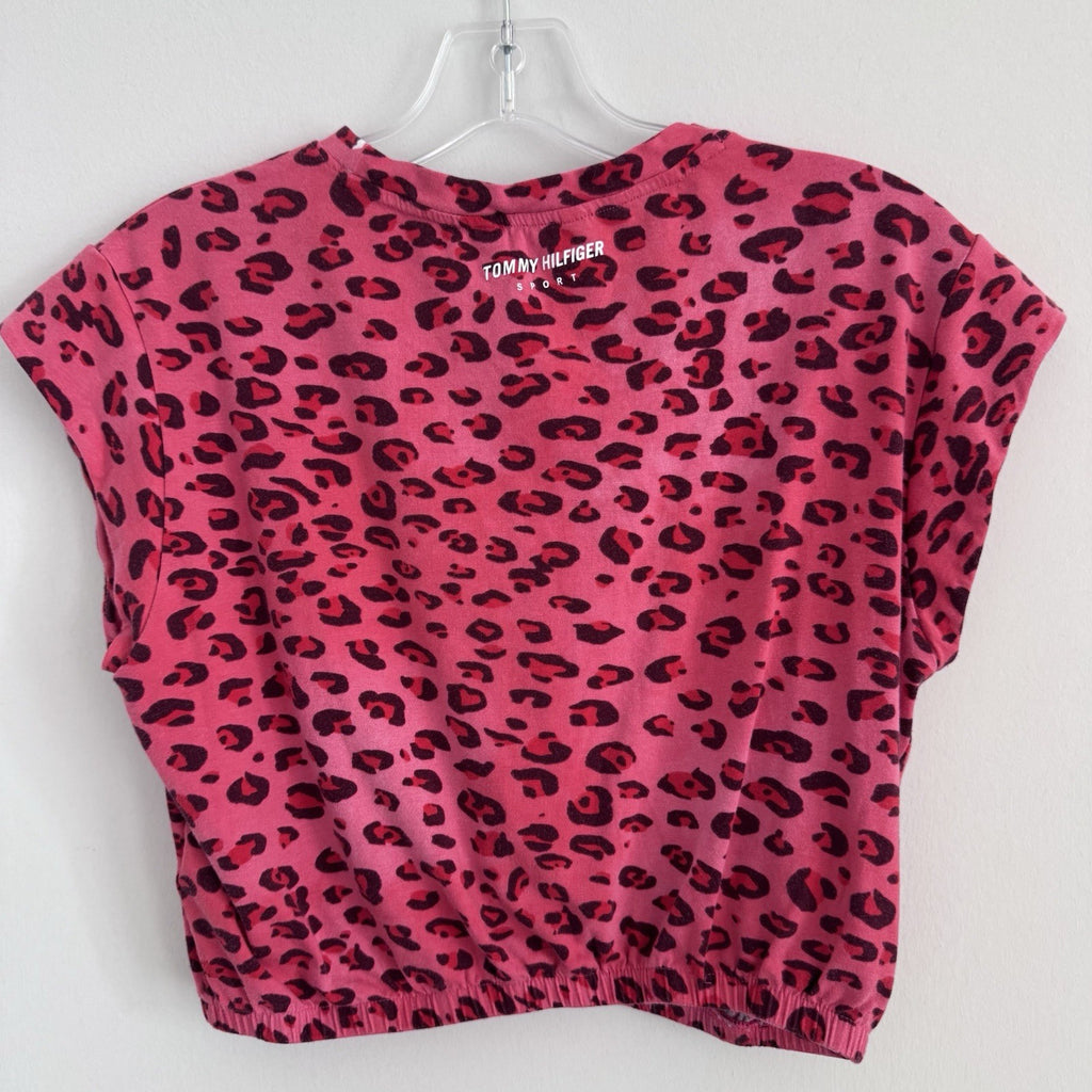Tommy Hilfiger Sport Pink Leopard Print Crop Top Womens M Logo Hem Y2K
