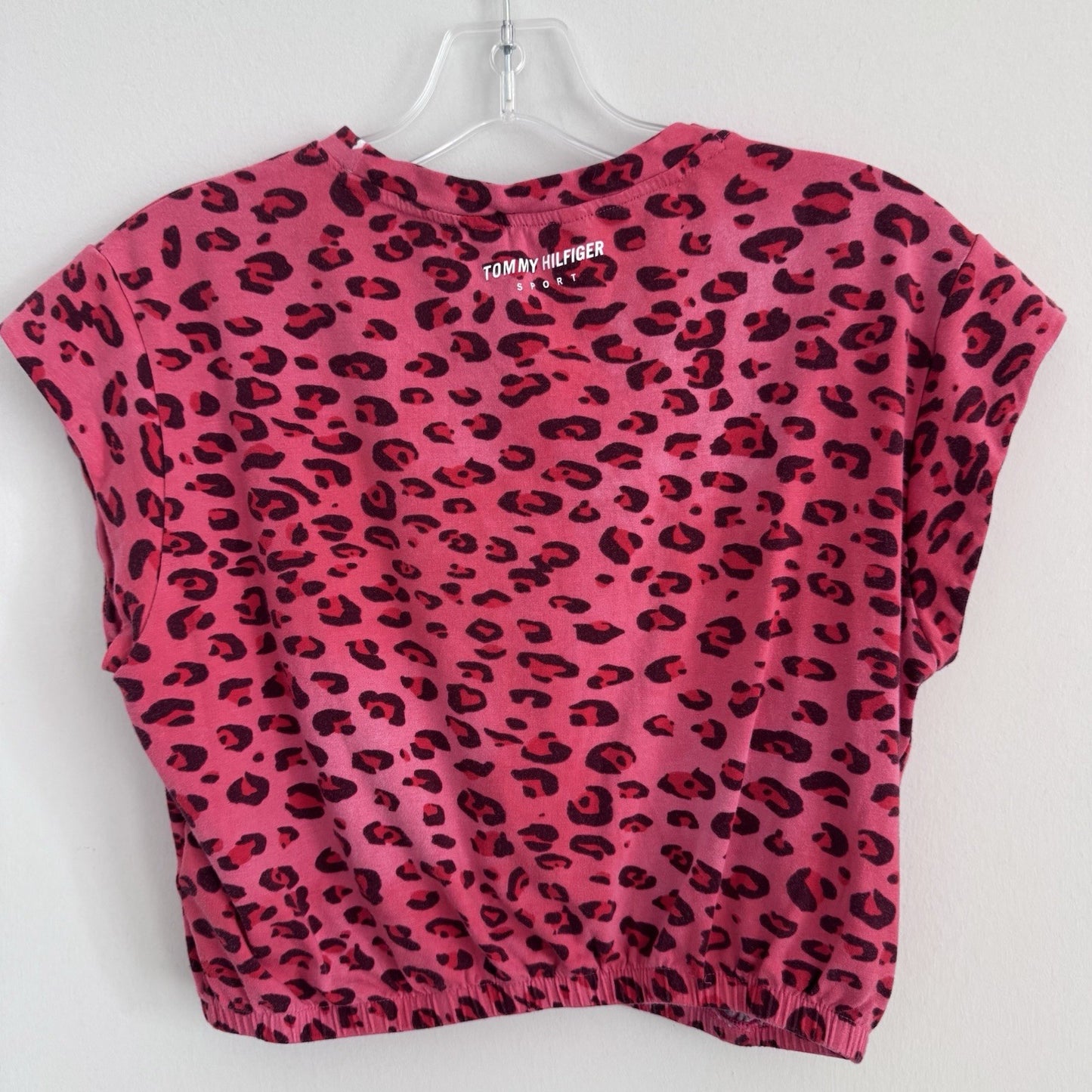 Tommy Hilfiger Sport Pink Leopard Print Crop Top Womens M Logo Hem Y2K