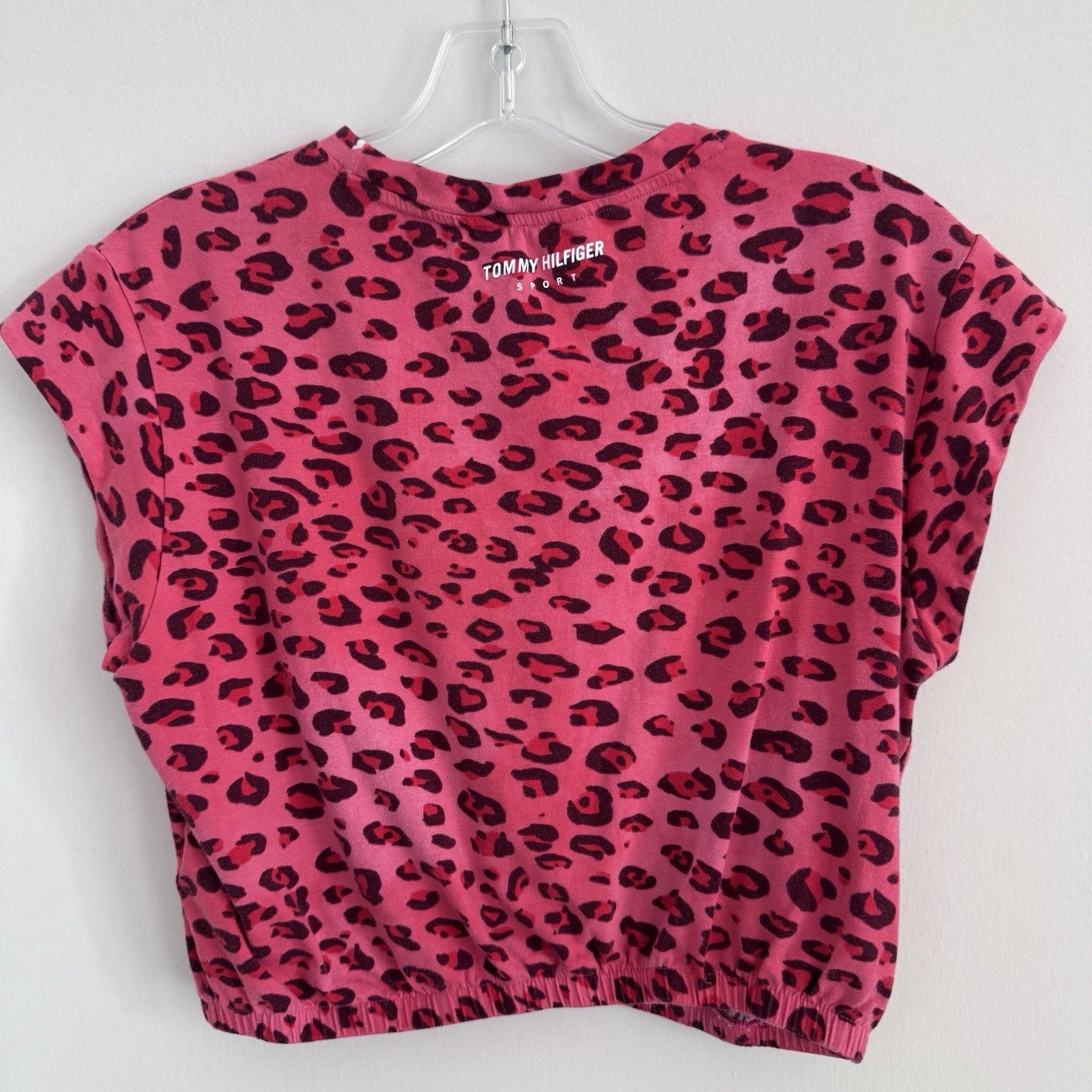 Tommy Hilfiger Sport Pink Leopard Print Crop Top Womens M Logo Hem Y2K