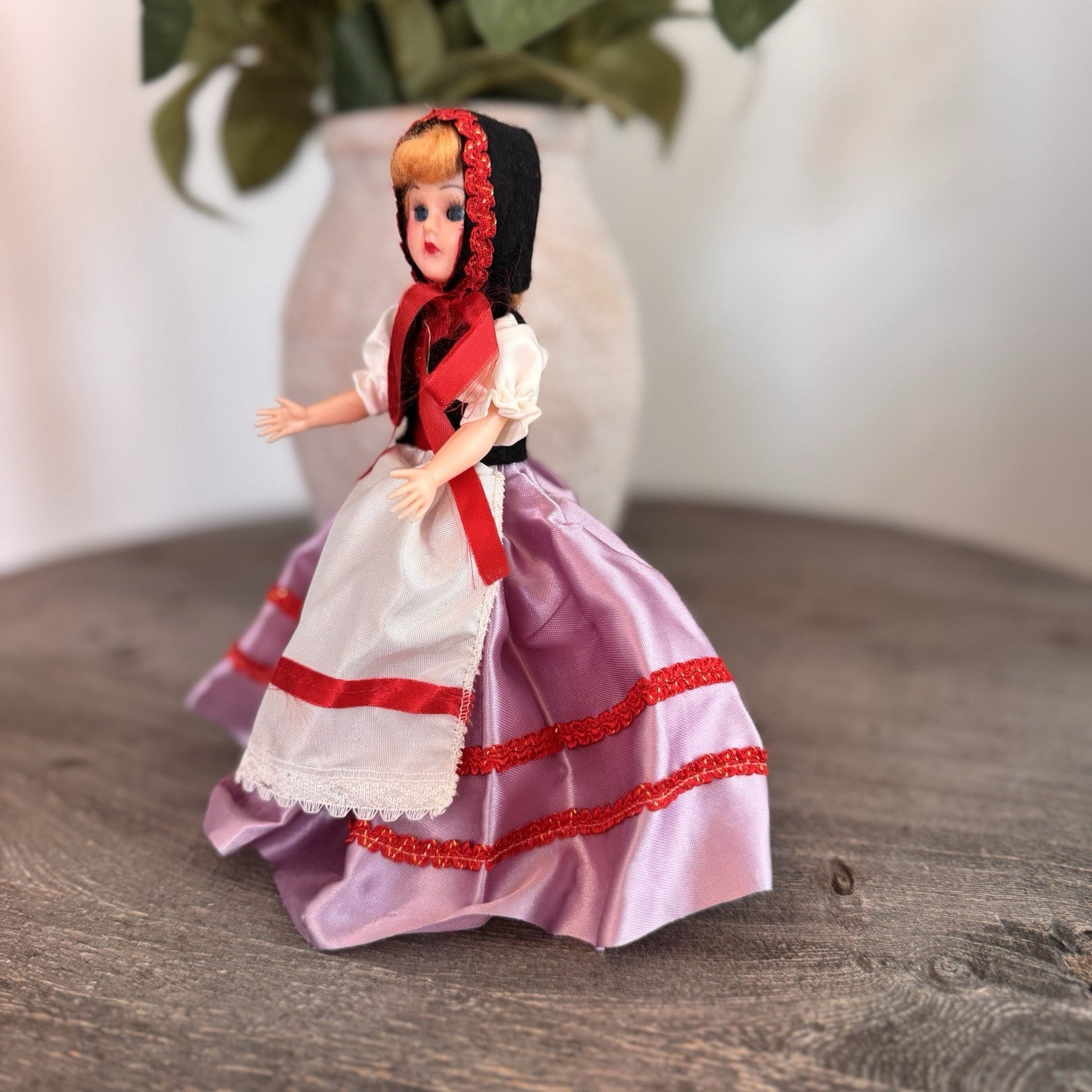 Vintage 1950s Hard Plastic Souvenir Doll Purple Satin Skirt Made in USA