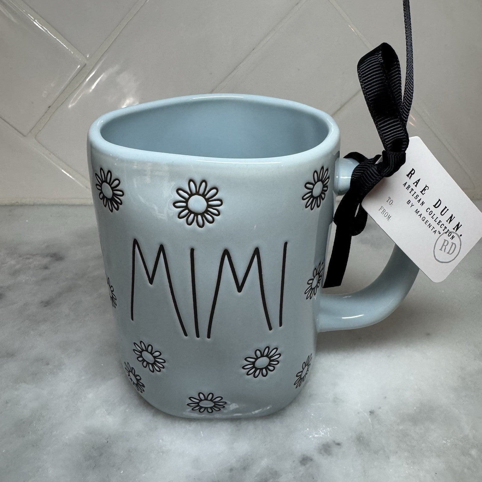 Rae Dunn MIMI Daisy Mug Blue Floral Coffee Cup Artisan Collection New