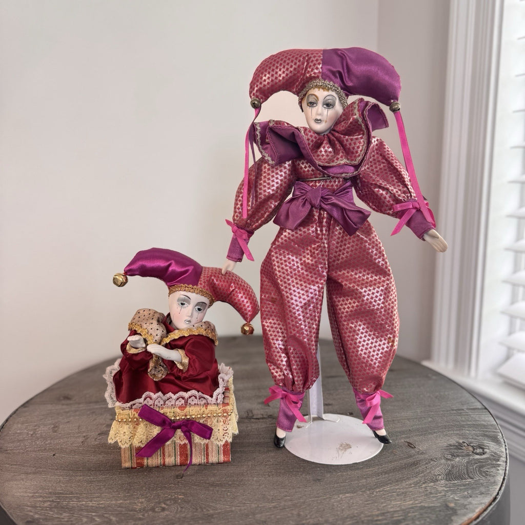 Set of 2 Vintage Porcelain Jester Dolls 16" & 8" Harlequin Musical Jack in Box