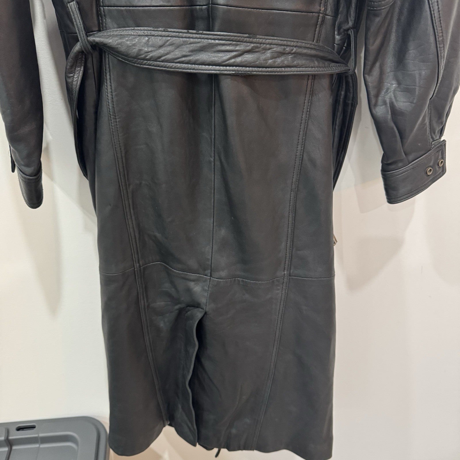 Wilsons Leather Black Trench Coat Mens Medium Belted Vintage Long Jacket