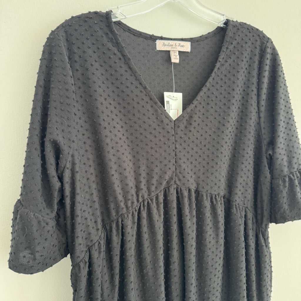 Harlow & Rose Petite Black Swiss Dot Dress PL NWT V Neck Midi