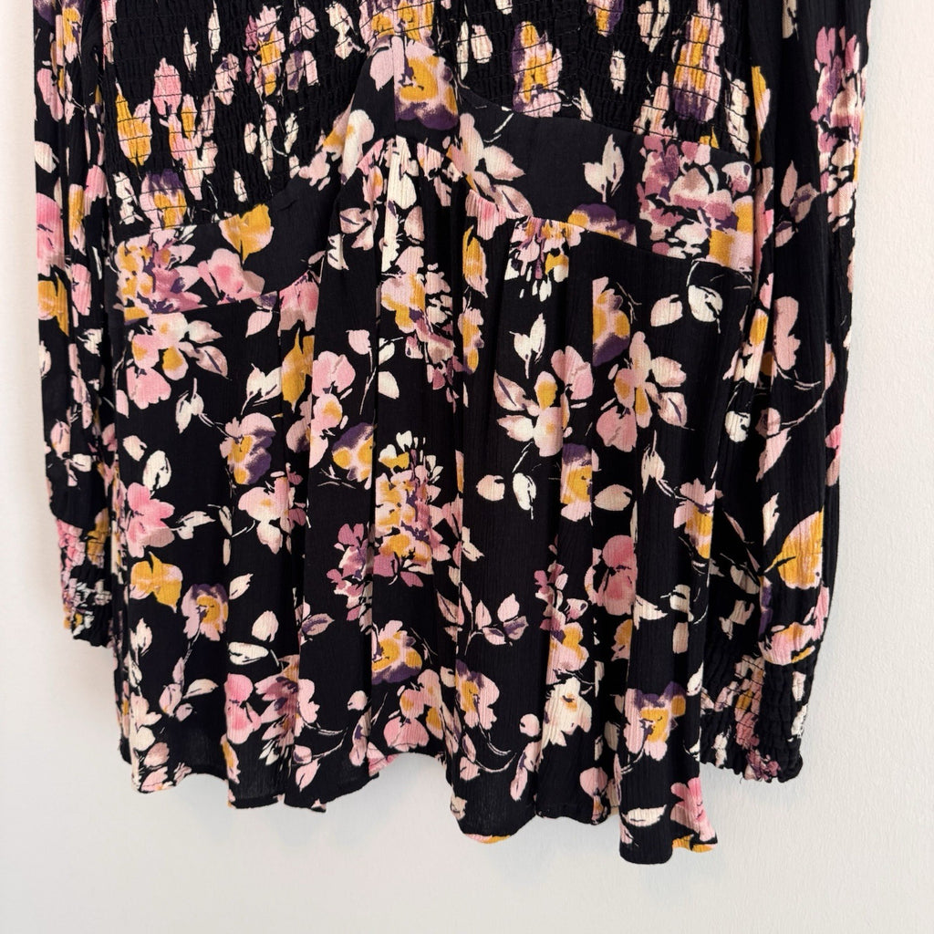 Torrid Floral Babydoll Blouse Size 2 Black Pink Smocked Boho Top Women’s