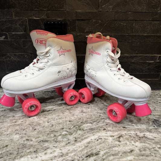 Roller Derby Roller Skates Girls Size 4 White/Pink/Silver Design Roller Star 350
