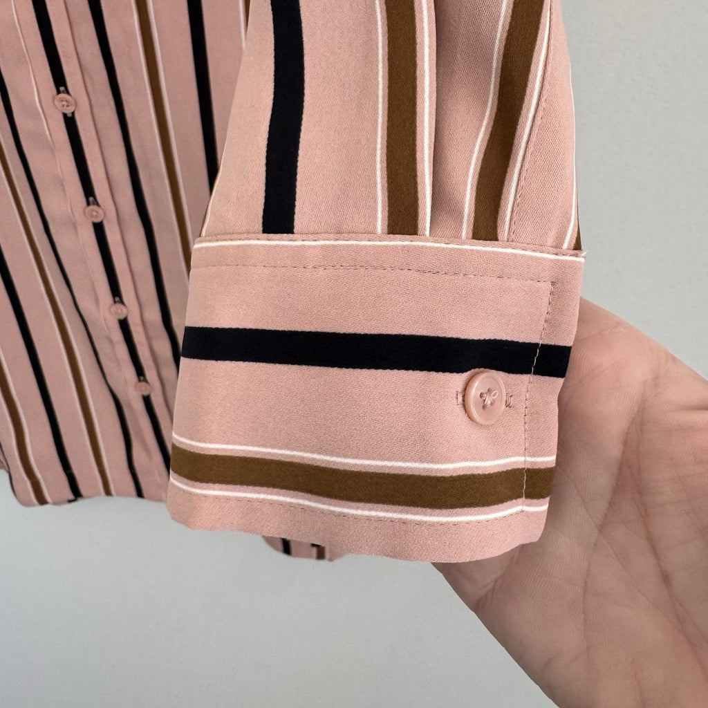 Ann Taylor Petite XXSP Shirtdress Pink Black Brown Striped Long Sleeve Button
