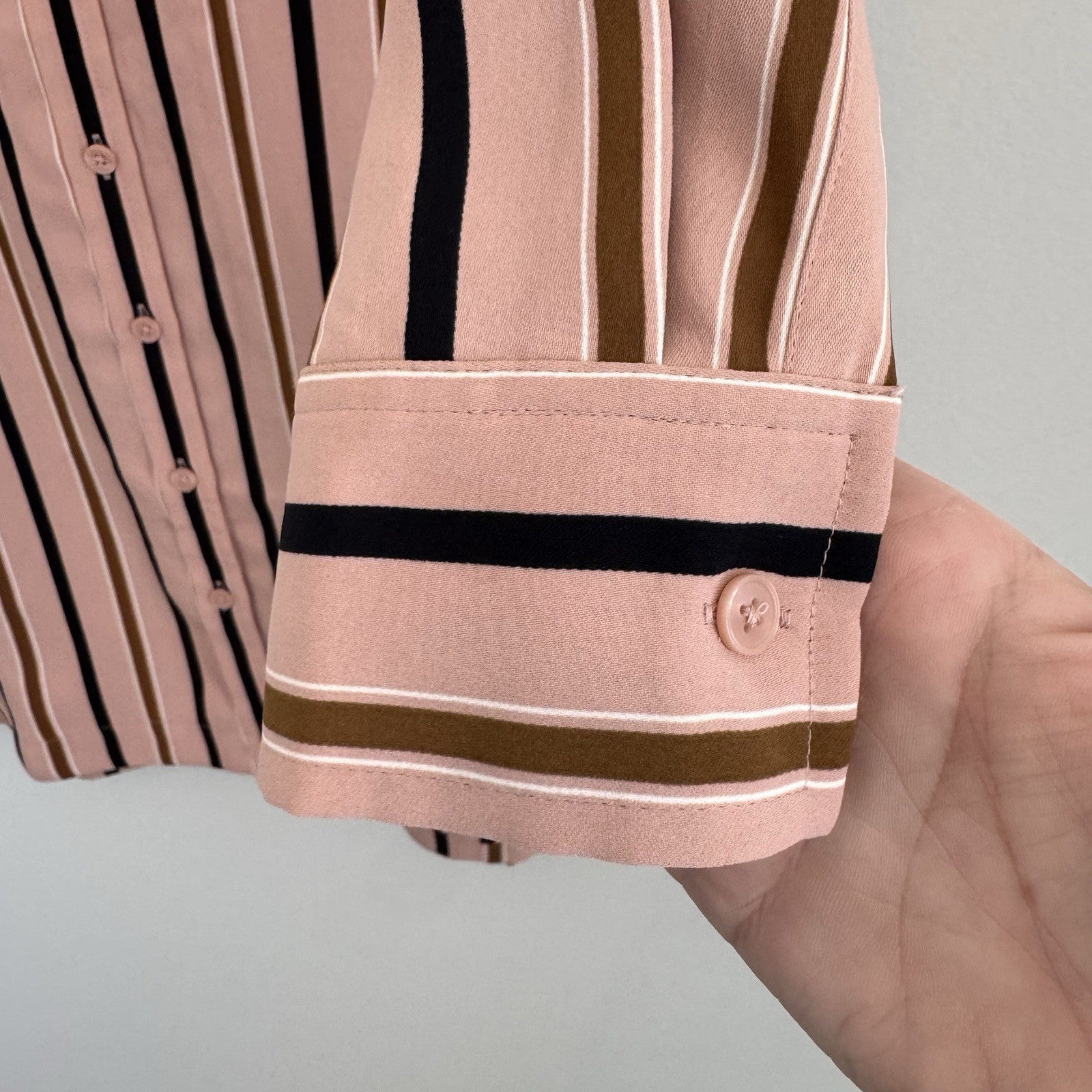 Ann Taylor Petite XXSP Shirtdress Pink Black Brown Striped Long Sleeve Button