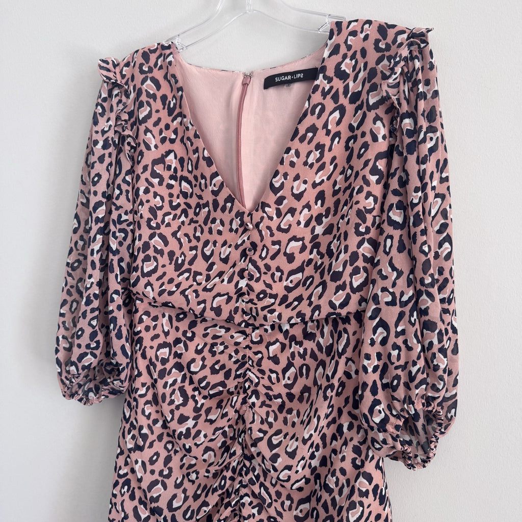 Sugar Lips Leopard Print Dress Small Ruched Ruffle Long Sleeve