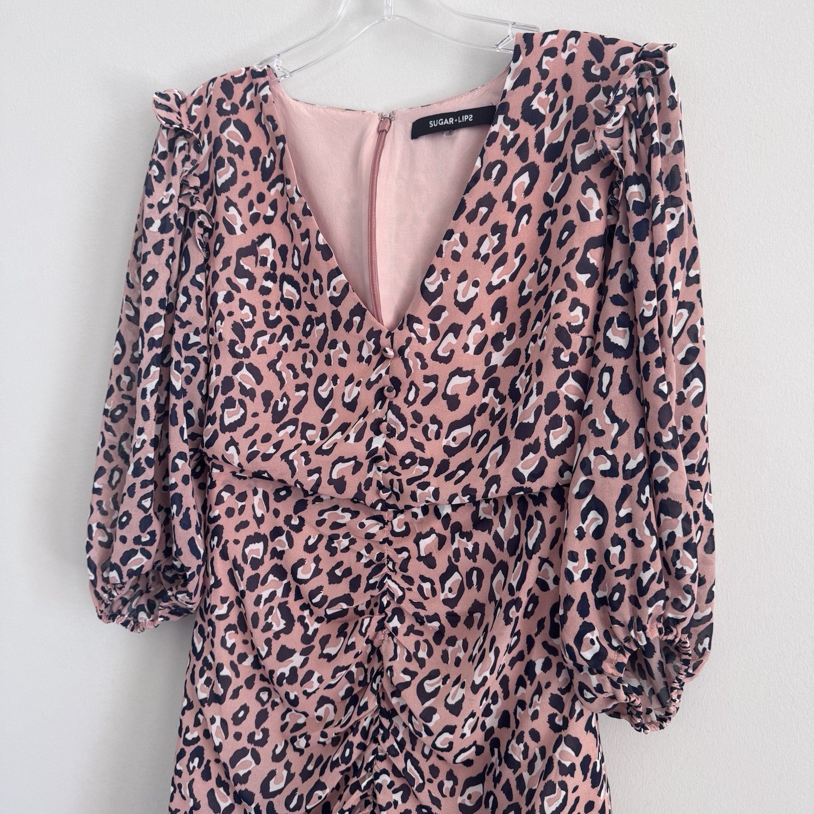 Sugar Lips Leopard Print Dress Small Ruched Ruffle Long Sleeve