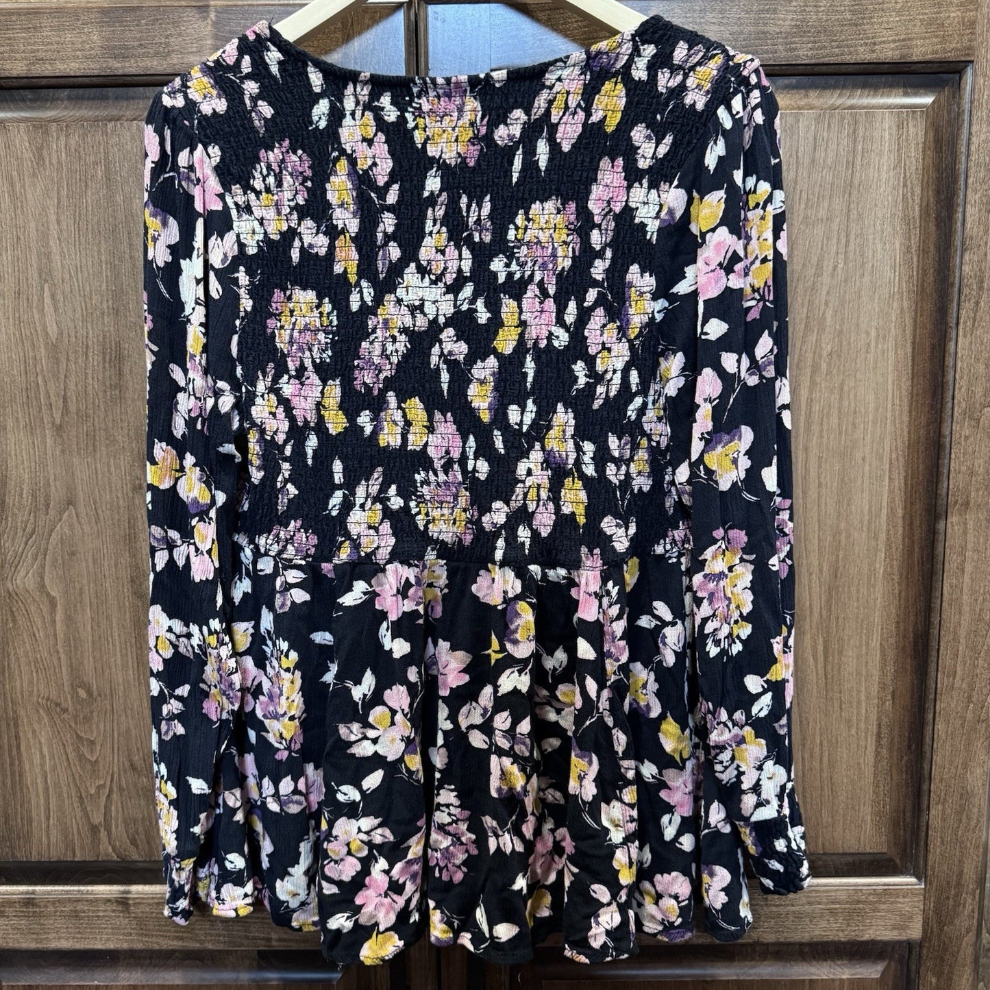 Torrid Size 0 (12) Floral Long Sleeve Blouse Black Smocked Empire Waist Boho Top