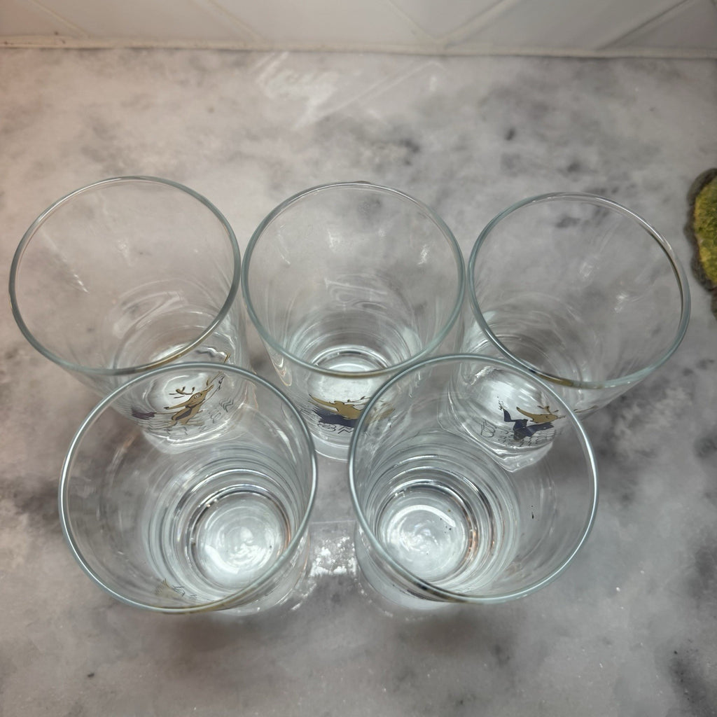 Pottery Barn Reindeer Glasses Set of 5 Footed 5.5" Tumblers Christmas vintage