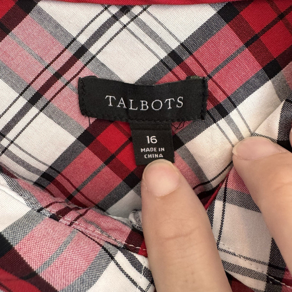 Talbots Women's Button Down Blouse Size 16 Cotton Stretchy Plaid Red Long Sleeve