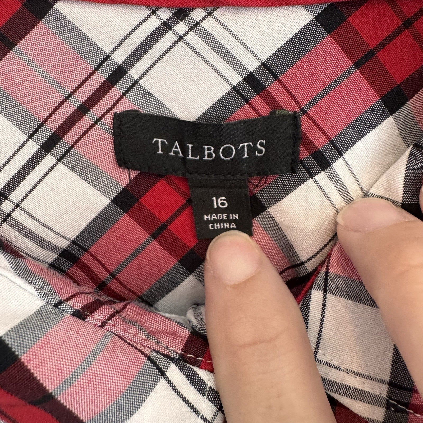Talbots Women's Button Down Blouse Size 16 Cotton Stretchy Plaid Red Long Sleeve