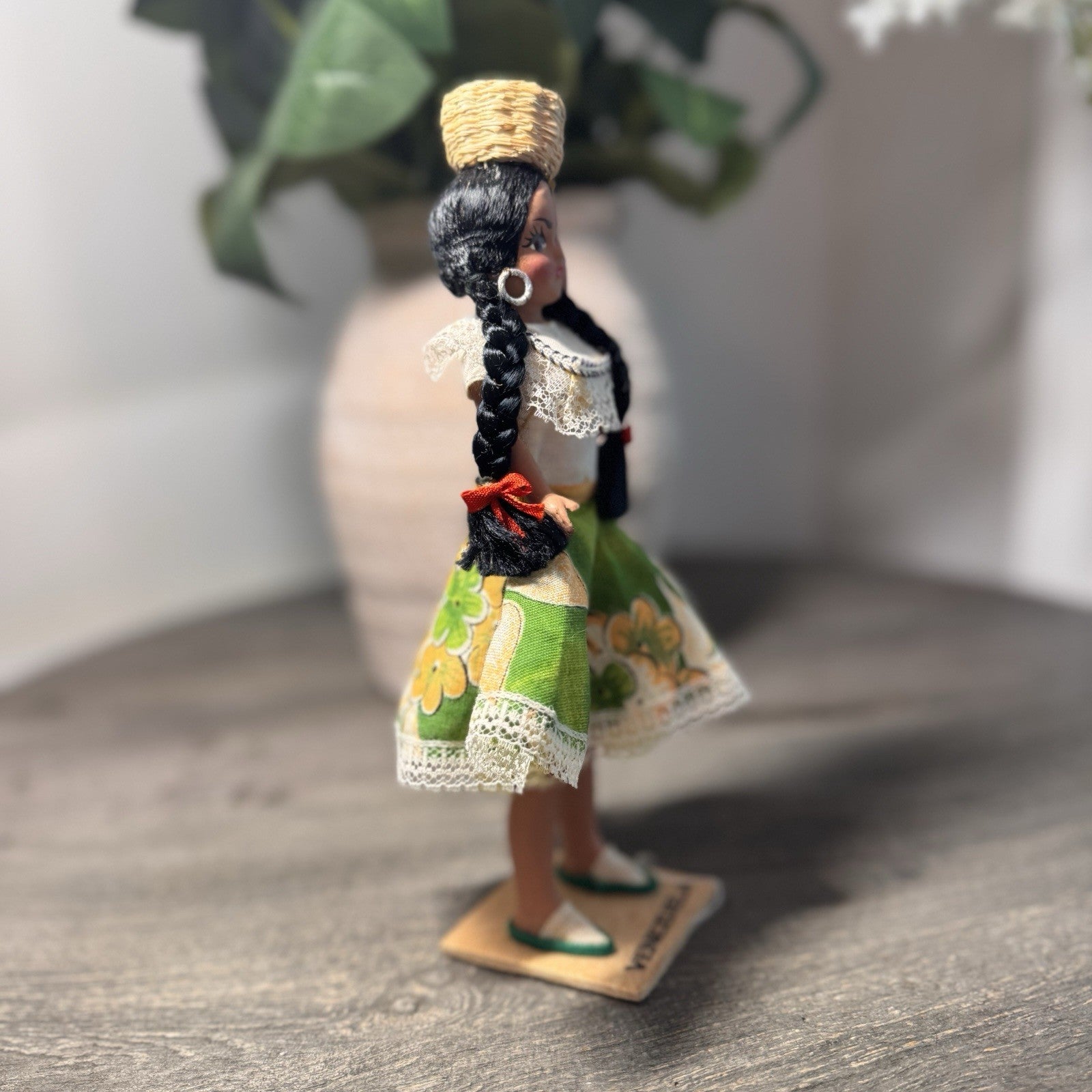 Vintage Venezuela Folk Art Doll Hand Painted 9" Souvenir Basket Wooden Base