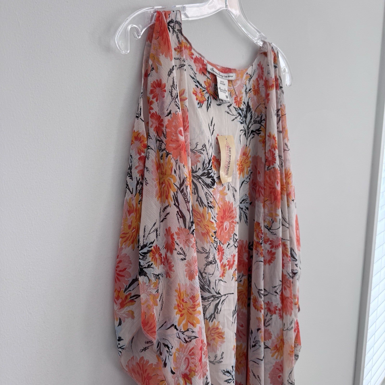 American Rag Floral Kimono Duster Medium Boho Sheer Peach Open Front