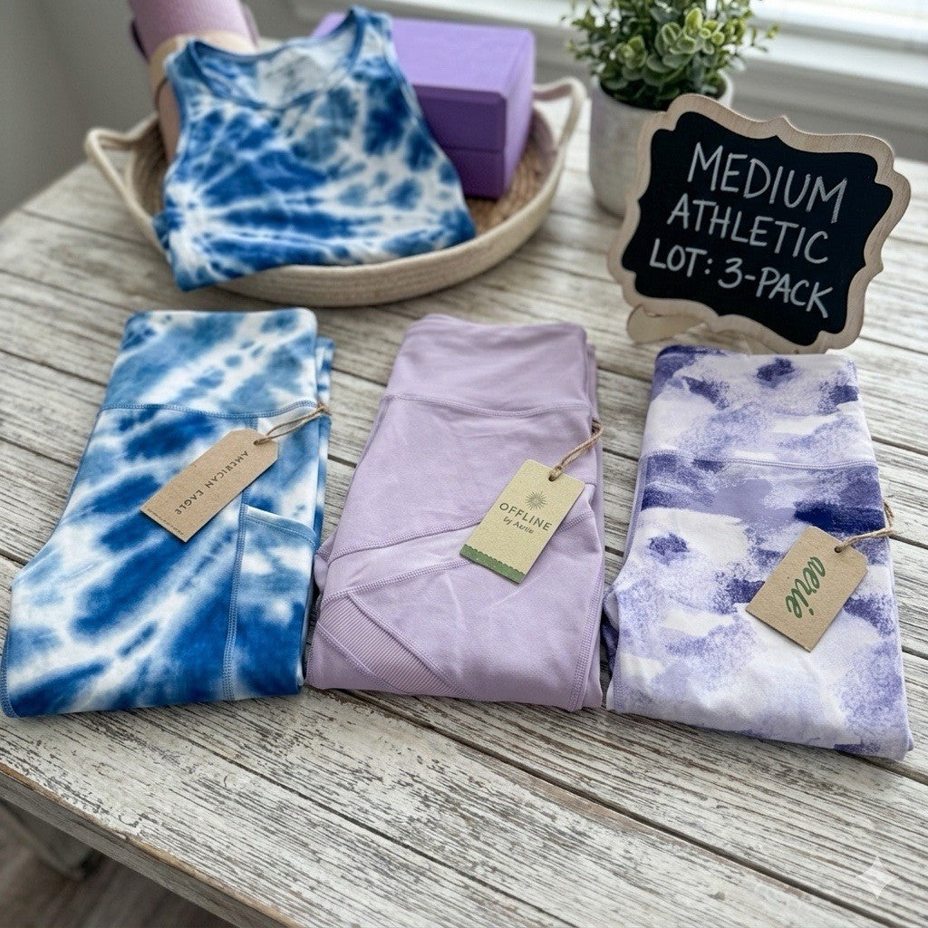 Lot of 3 Aerie American Eagle Leggings Blue Purple Tie Dye Pocket Hugger Medium