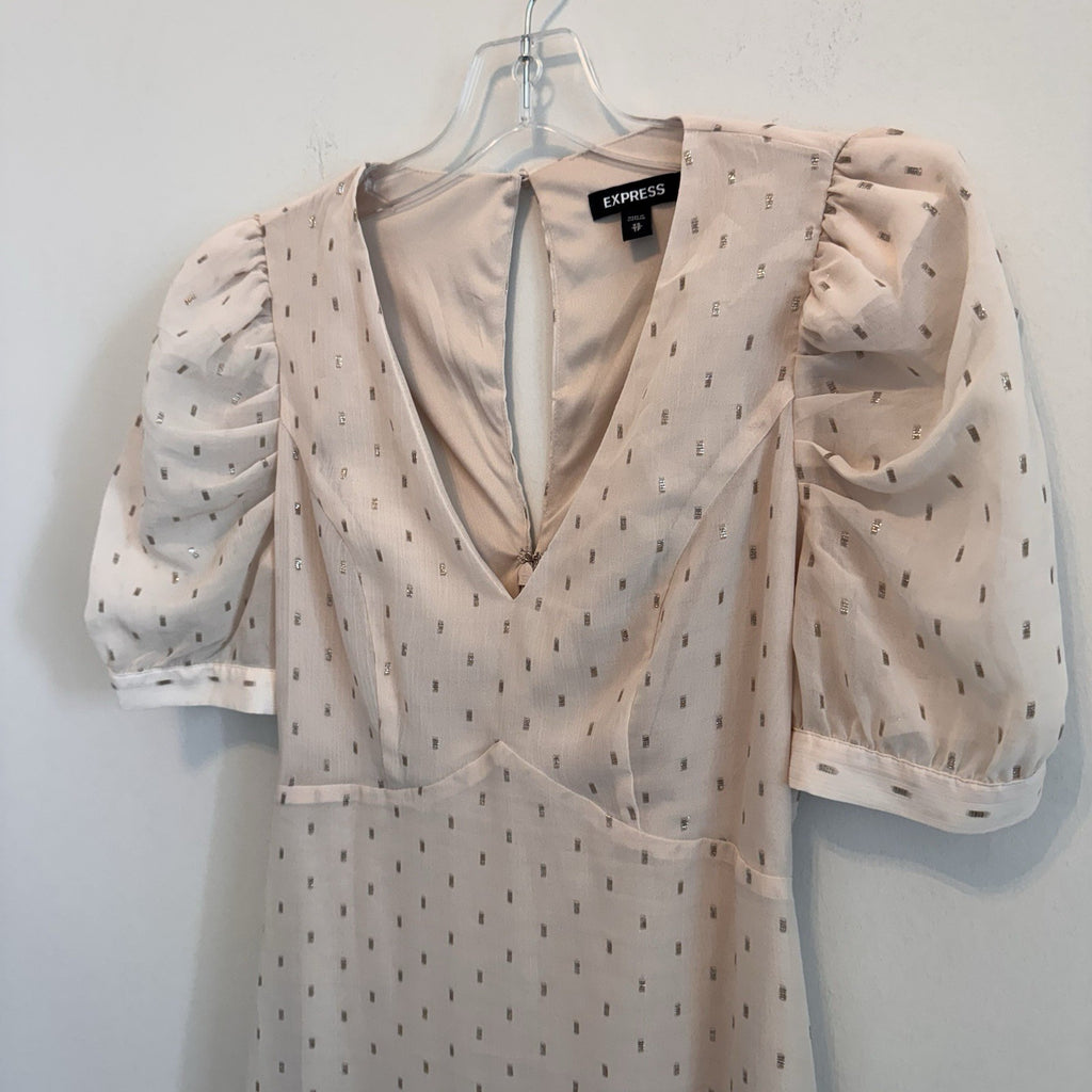 EXPRESS Womens XS, Pink Dress, Metallic Dot Puff Sleeve Fit & Flare, Pre-owned