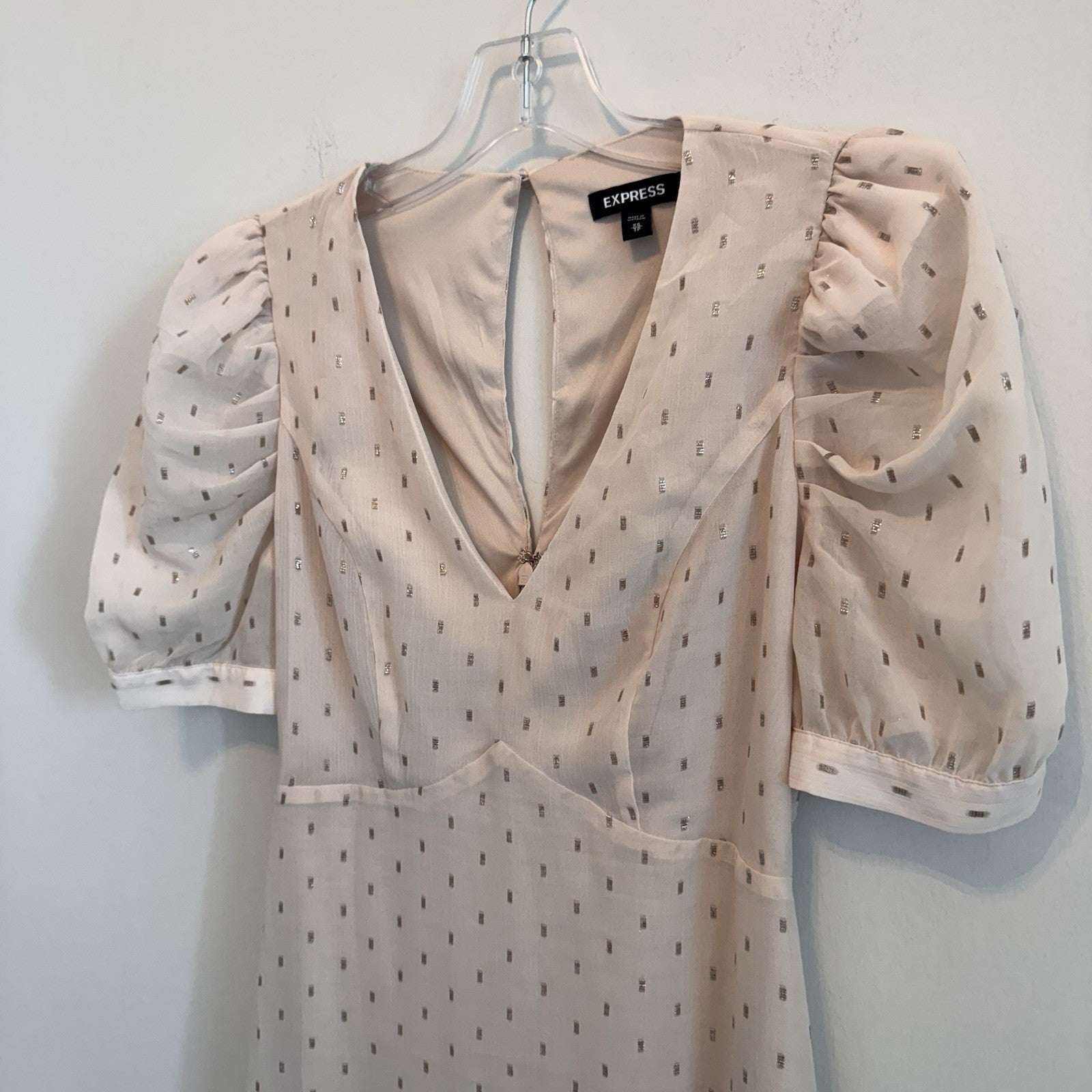 EXPRESS Womens XS, Pink Dress, Metallic Dot Puff Sleeve Fit & Flare, Pre-owned