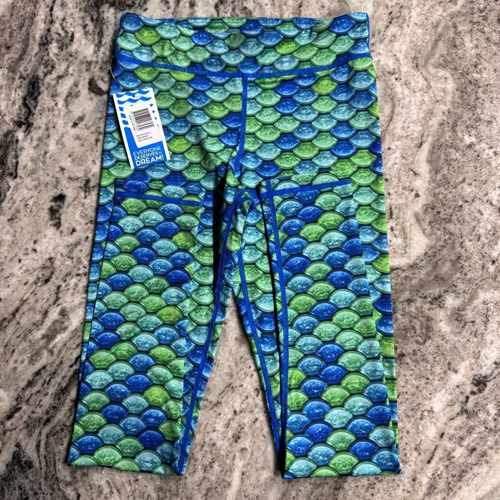 Fin Fun Tidal Mermaid Scale Leggings Teal Blue Swimmable Modest Rashguard NWT L