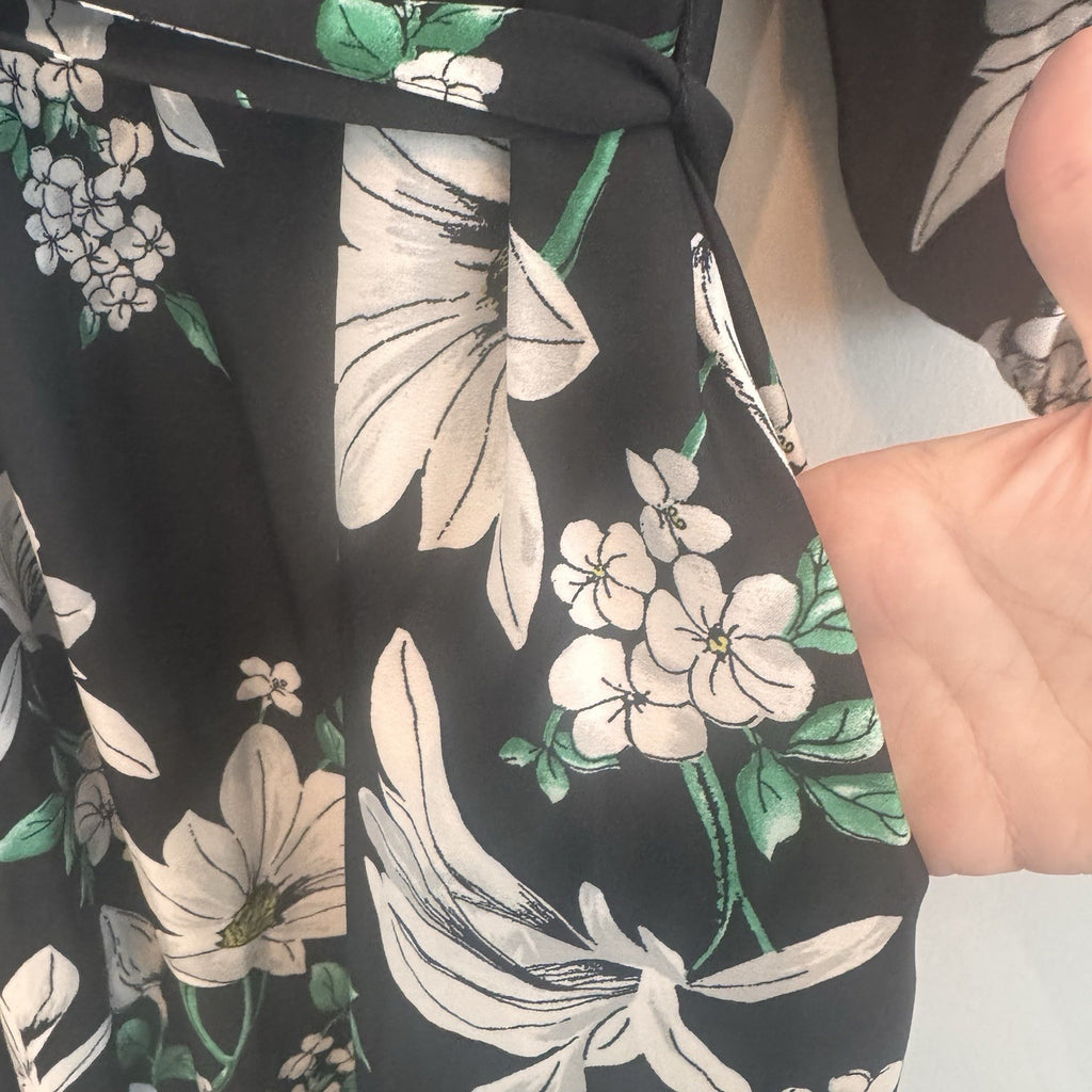 Jones New York NWT Medium Floral V-Neck Midi Dress Black Kelly Green Pockets