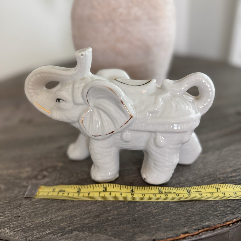 Vintage Porcelain Elephant Figurine Lot 2 White Gold Trim Trunk Up Good Luck