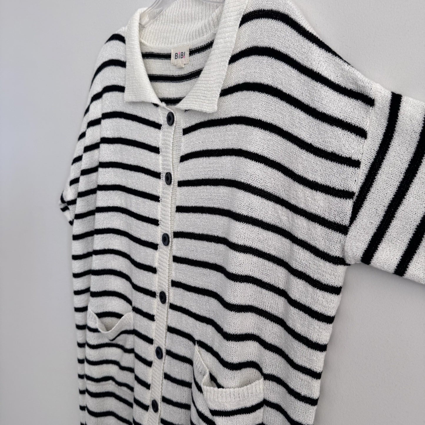 BiBi Striped Button Front Cardigan Dress White Black Size L Collared