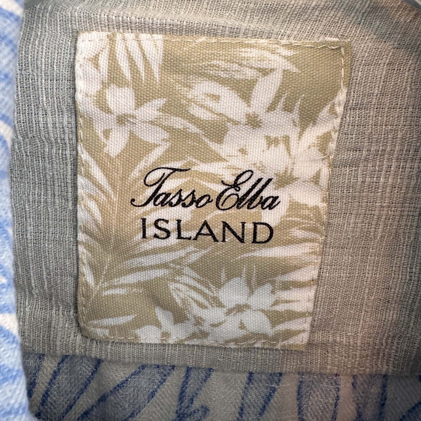 Tasso Elba Island Men's XL Shirt Blue White Silk Linen Palm Leaf Tropical Floral