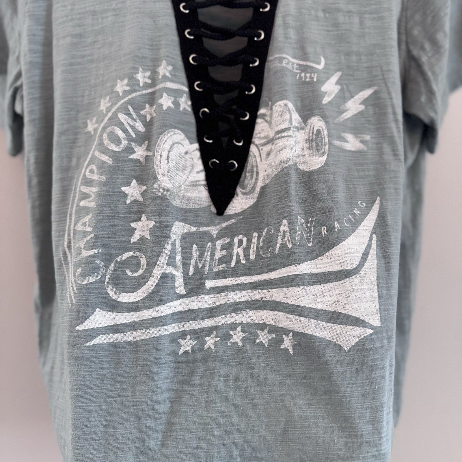 Entro Lace Up Graphic Tee Shirt Women’s L Blue American Racing Y2K