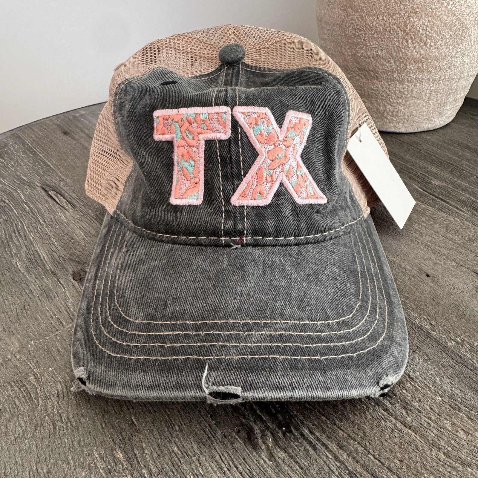 Katydid TX Floral Embroidered Hat Distressed Trucker Cap Black Pink Adjustable