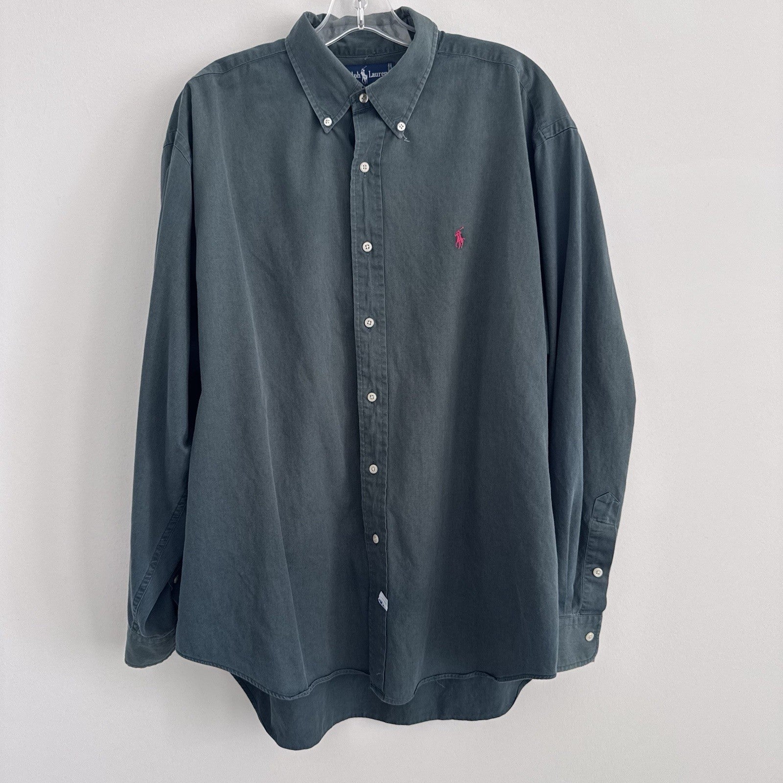 Ralph Lauren XL Green Button Down Shirt Pink Pony 100% Cotton