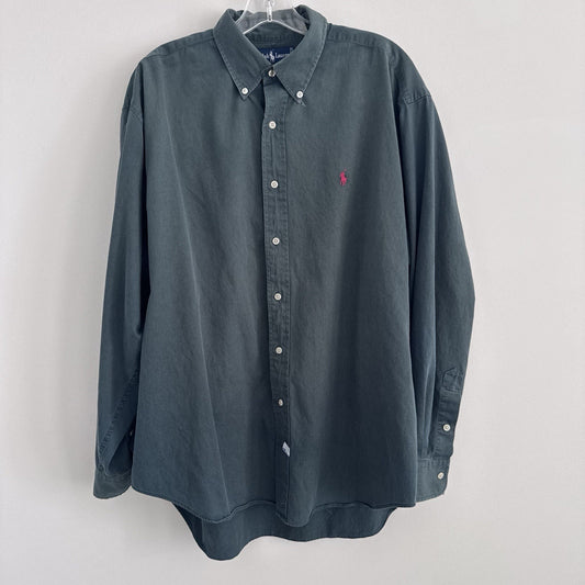 Ralph Lauren XL Green Button Down Shirt Pink Pony 100% Cotton