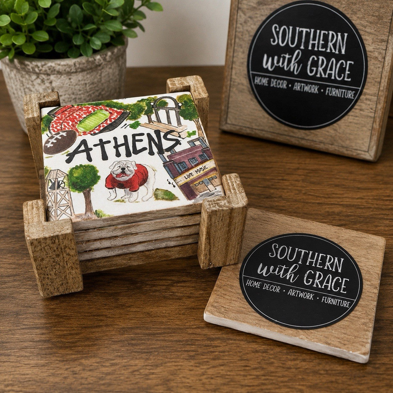 Athens Grunge Travel 4'' X 4'' Square Wooden Coaster