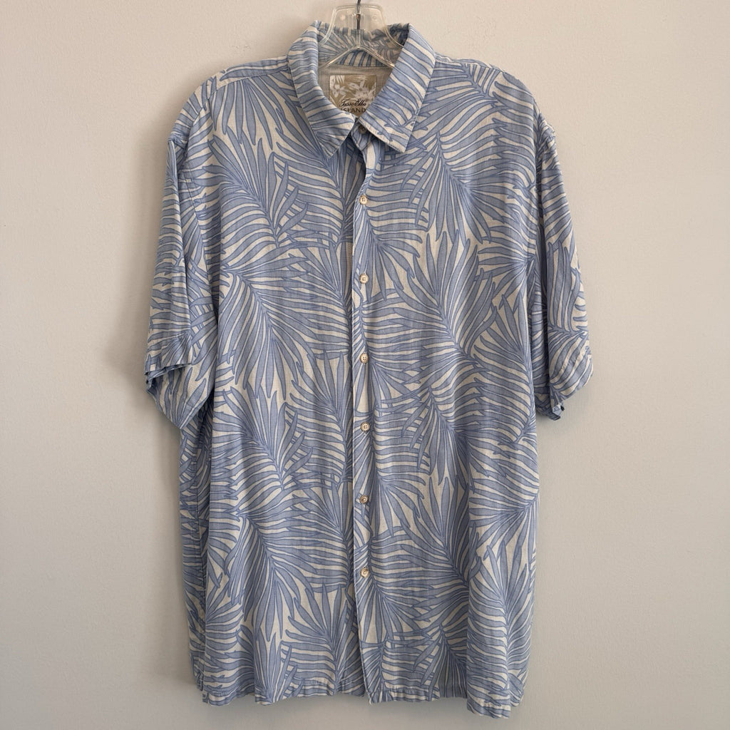 Tasso Elba Island Men's XL Shirt Blue White Silk Linen Palm Leaf Tropical Floral
