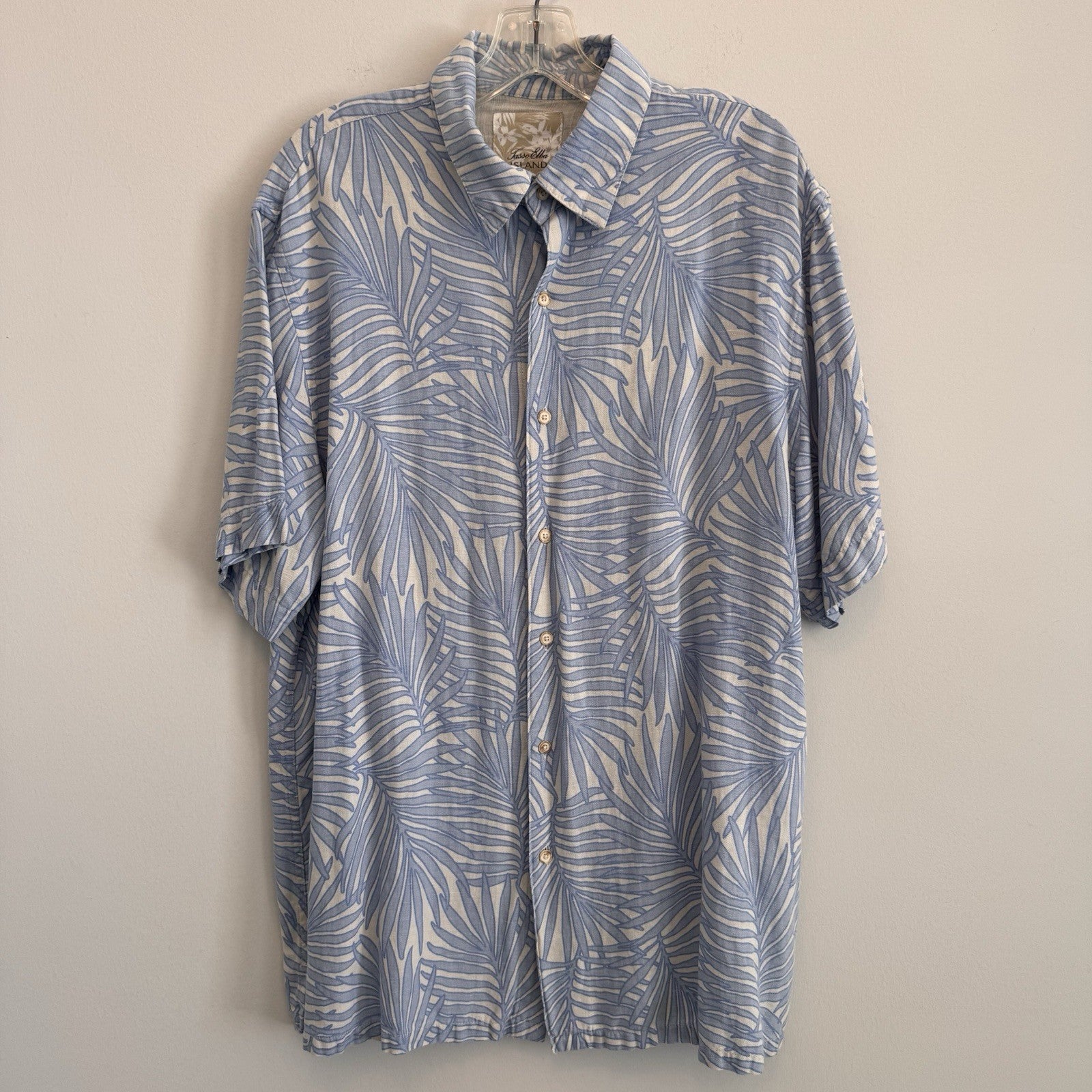 Tasso Elba Island Men's XL Shirt Blue White Silk Linen Palm Leaf Tropical Floral