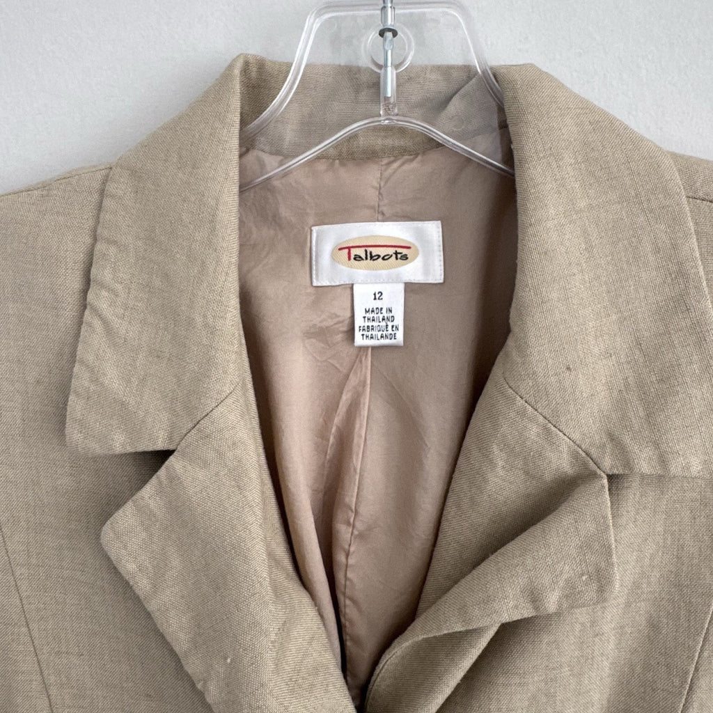 Talbots Linen Blazer Jacket Sz 12 Tan Short Sleeve 4 Button Career