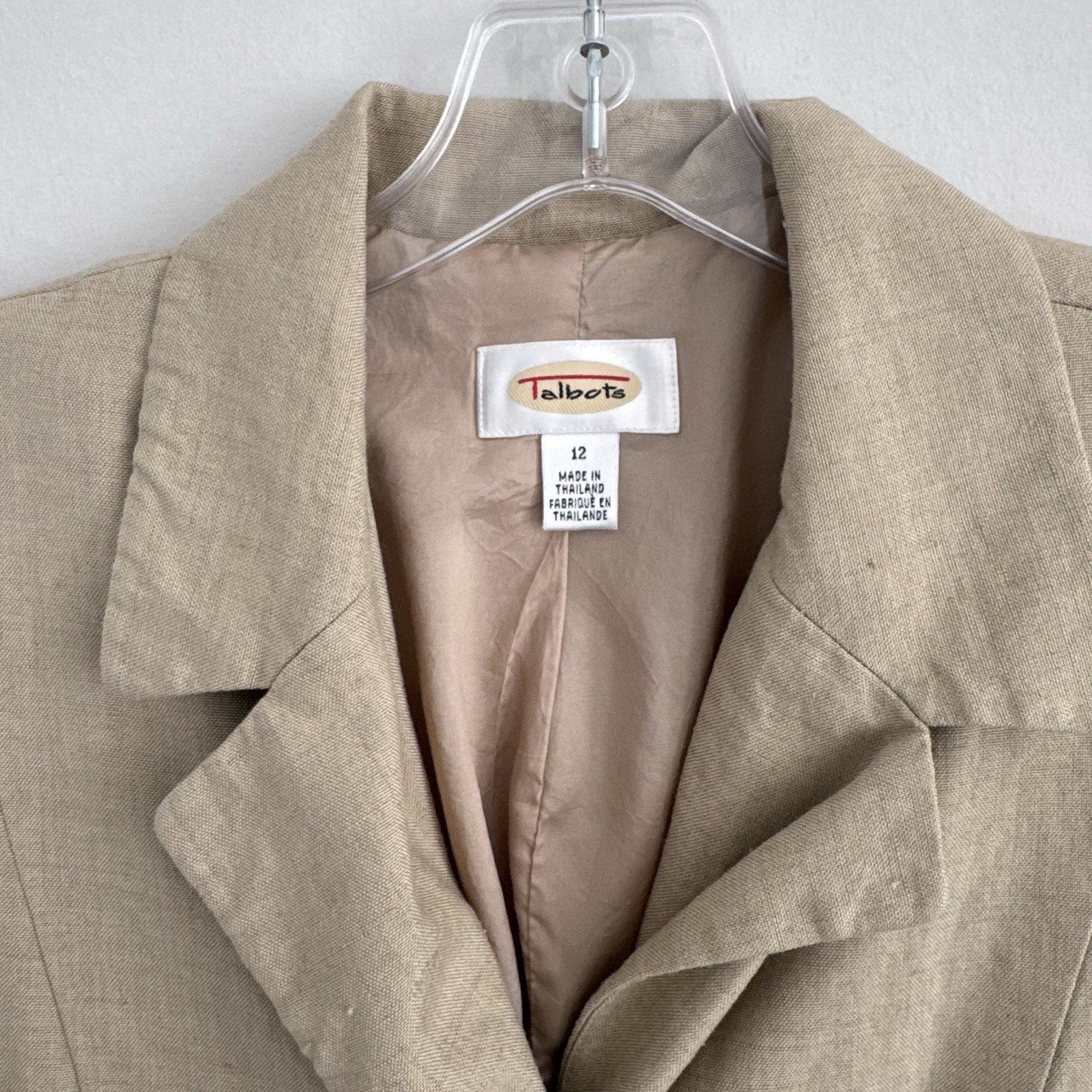 Talbots Linen Blazer Jacket Sz 12 Tan Short Sleeve 4 Button Career