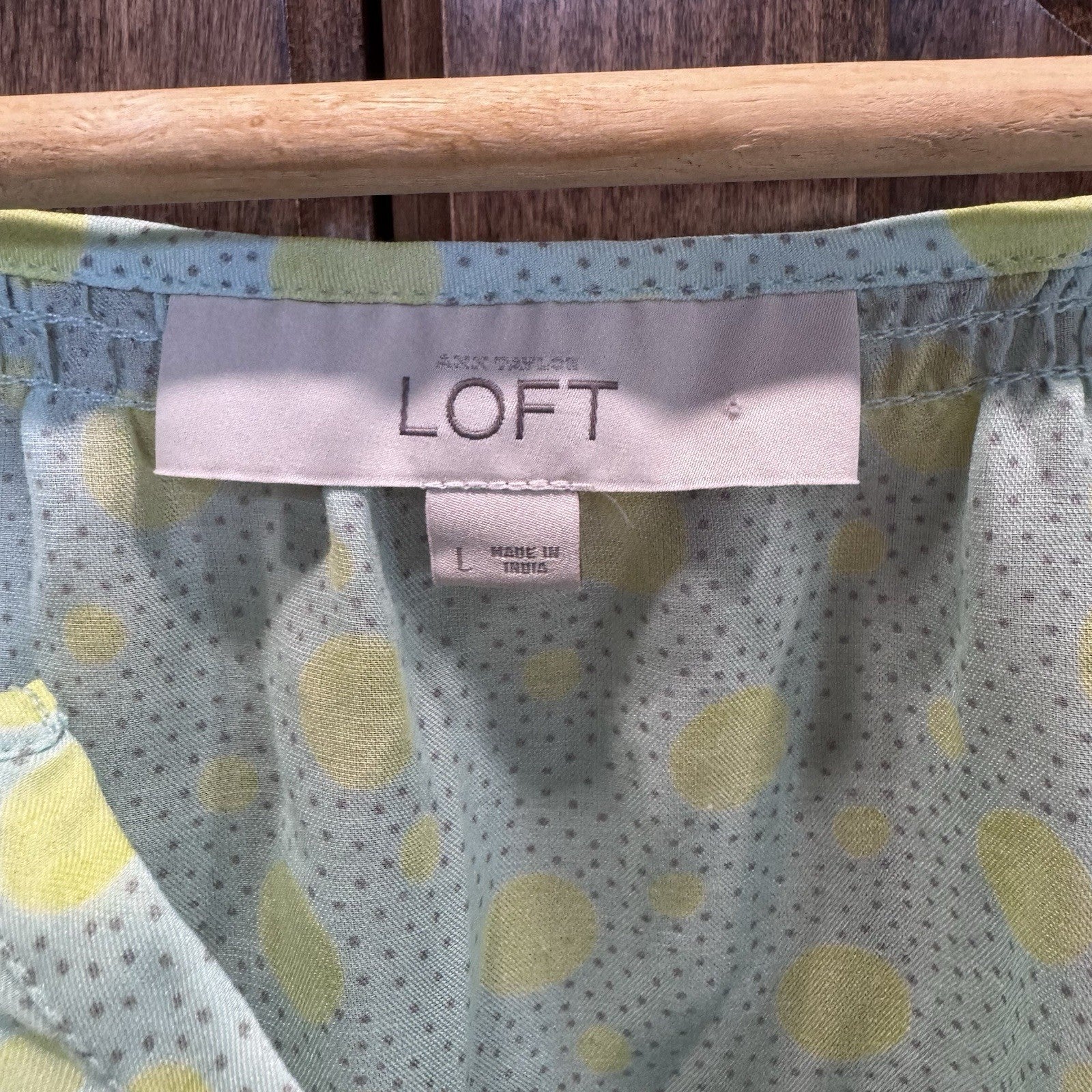 LOFT Women’s Blouse Large Green Polka Dot Peasant Top Long Sleeve Boho Sheer