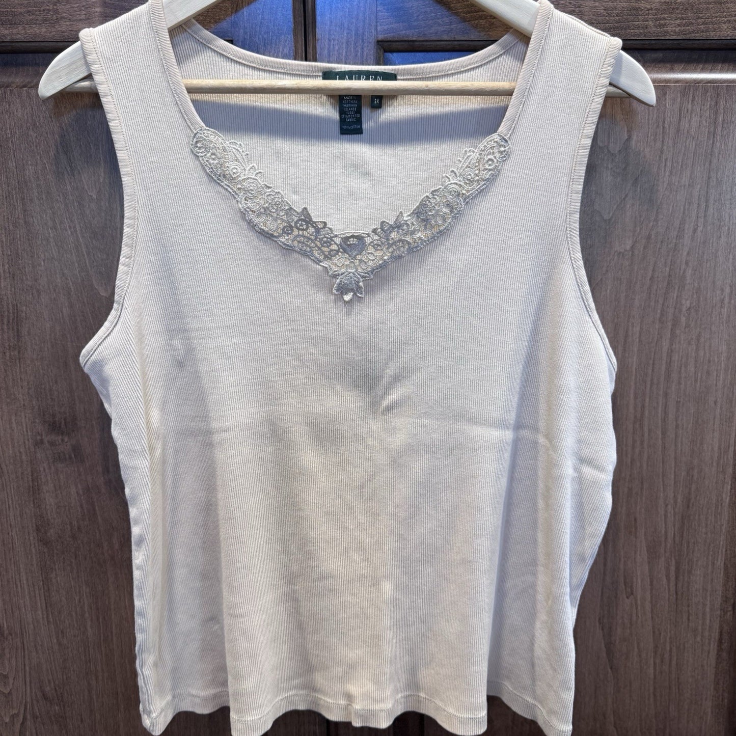 Lauren Ralph Lauren Beige Ribbed Tank Top 2X Lace Trim V-Neck Sleeveless Cotton