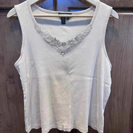 Lauren Ralph Lauren Beige Ribbed Tank Top 2X Lace Trim V-Neck Sleeveless Cotton