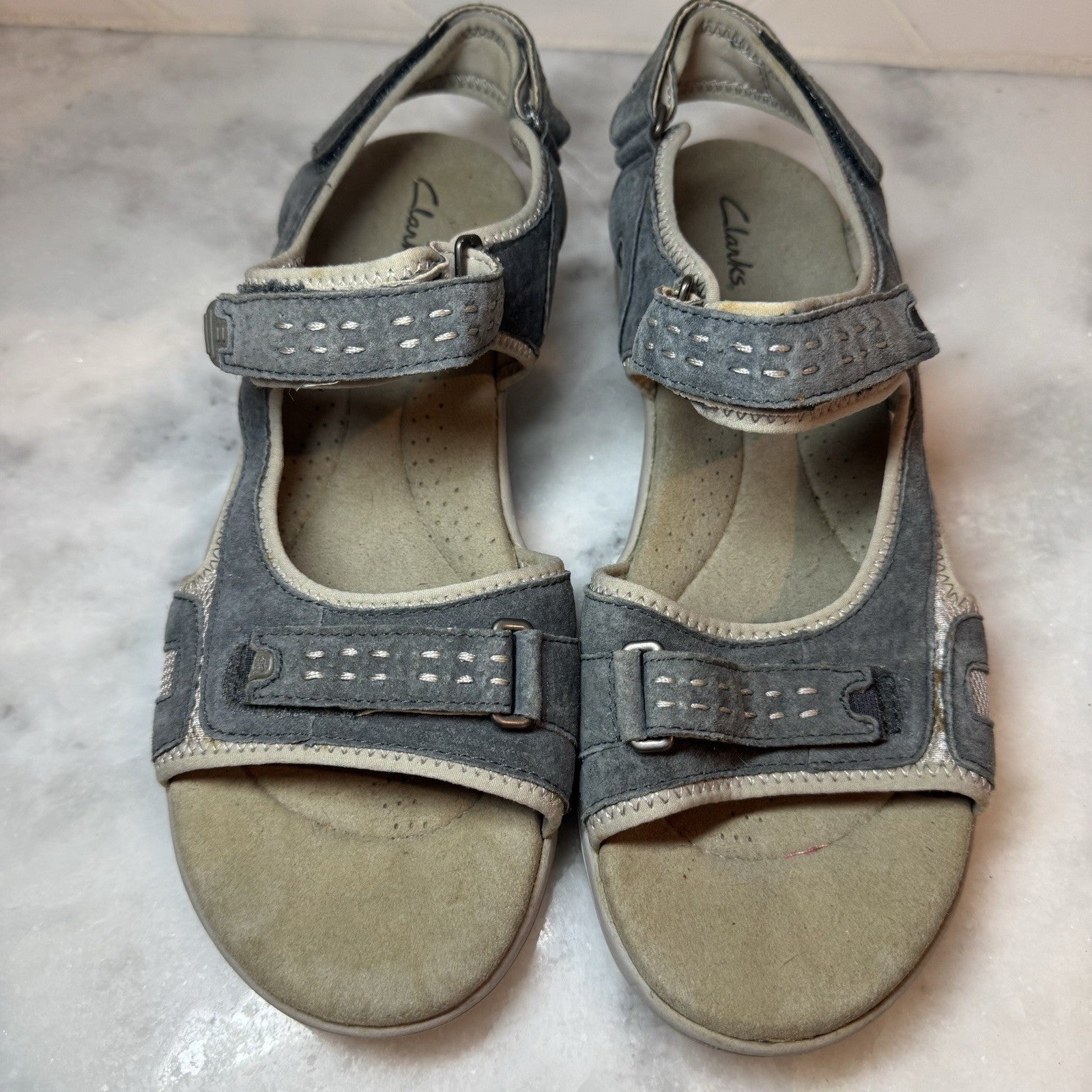 Clarks Morse Tour Denim Blue Suede Adjustable Strap Comfort Sandals Womens S11