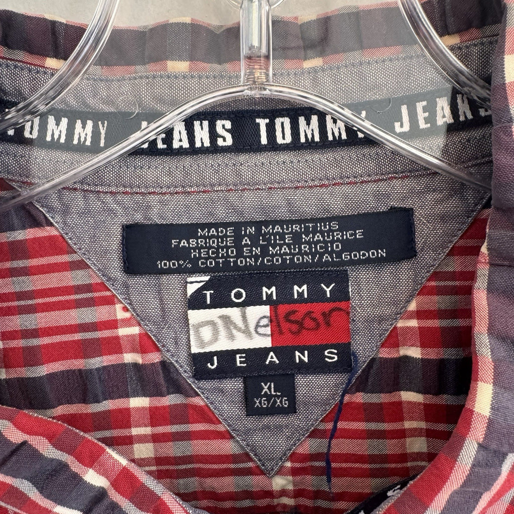 Vintage Tommy Jeans Shirt Mens XL Red Plaid Button Down Y2K Cotton Logo
