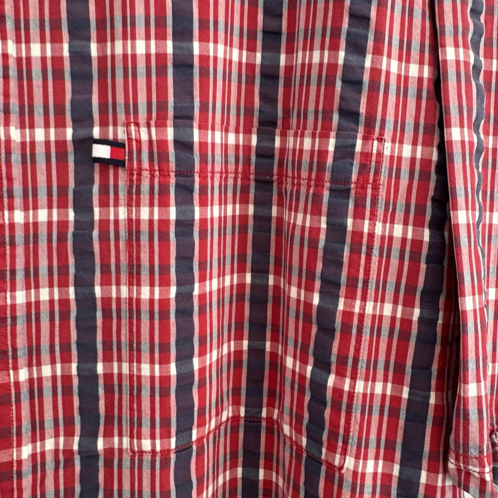 Vintage Tommy Jeans Shirt Mens XL Red Plaid Button Down Y2K Cotton Logo
