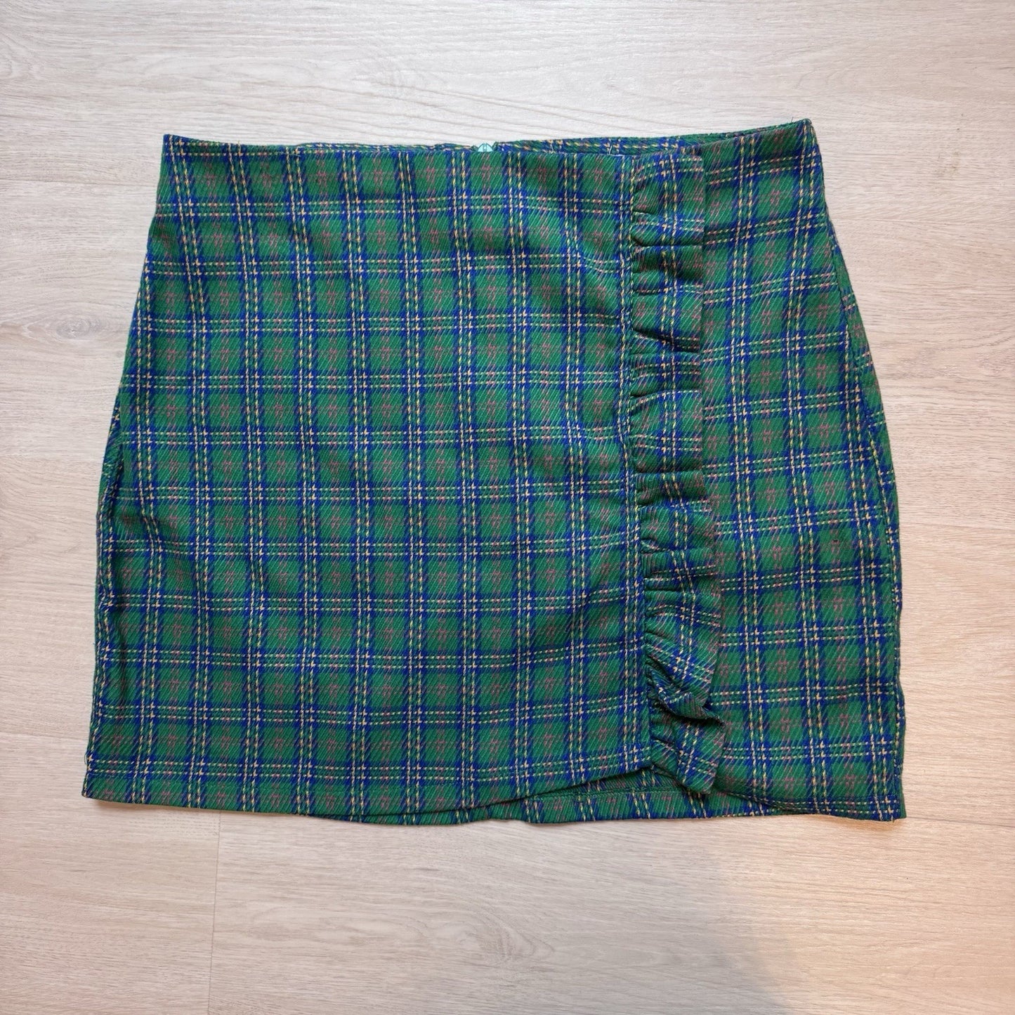 Topshop Womens Plaid Ruched Mini Skirt Green Blue Size 10