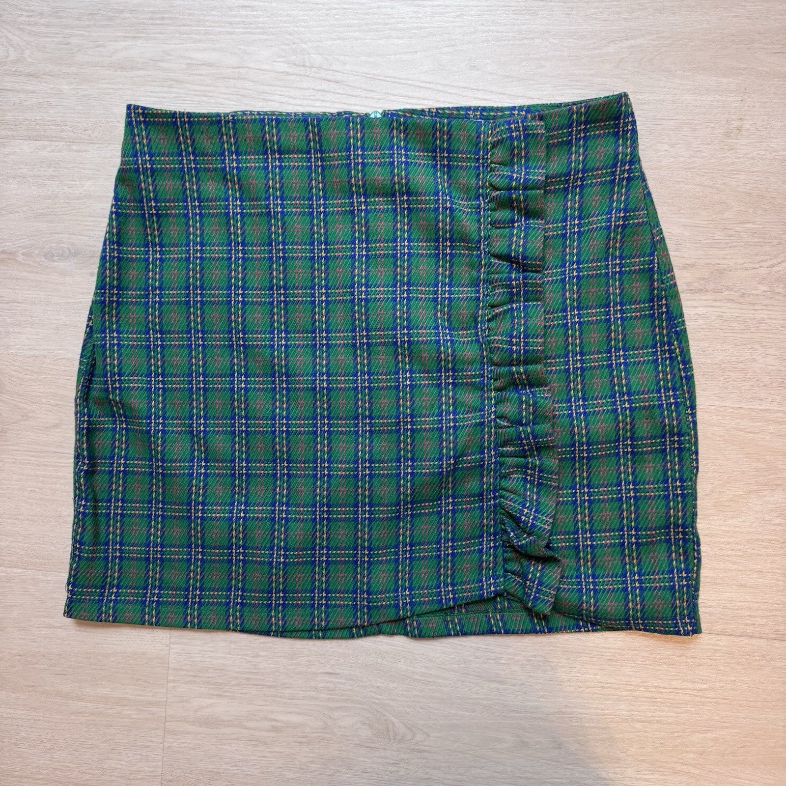Topshop Womens Plaid Ruched Mini Skirt Green Blue Size 10