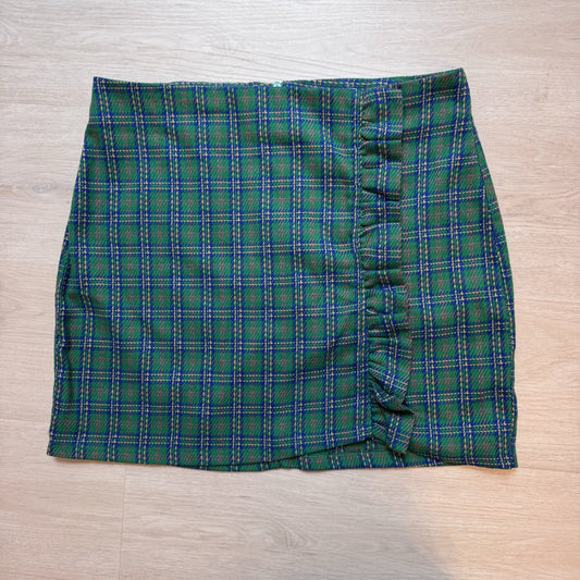Topshop Womens Plaid Ruched Mini Skirt Green Blue Size 10