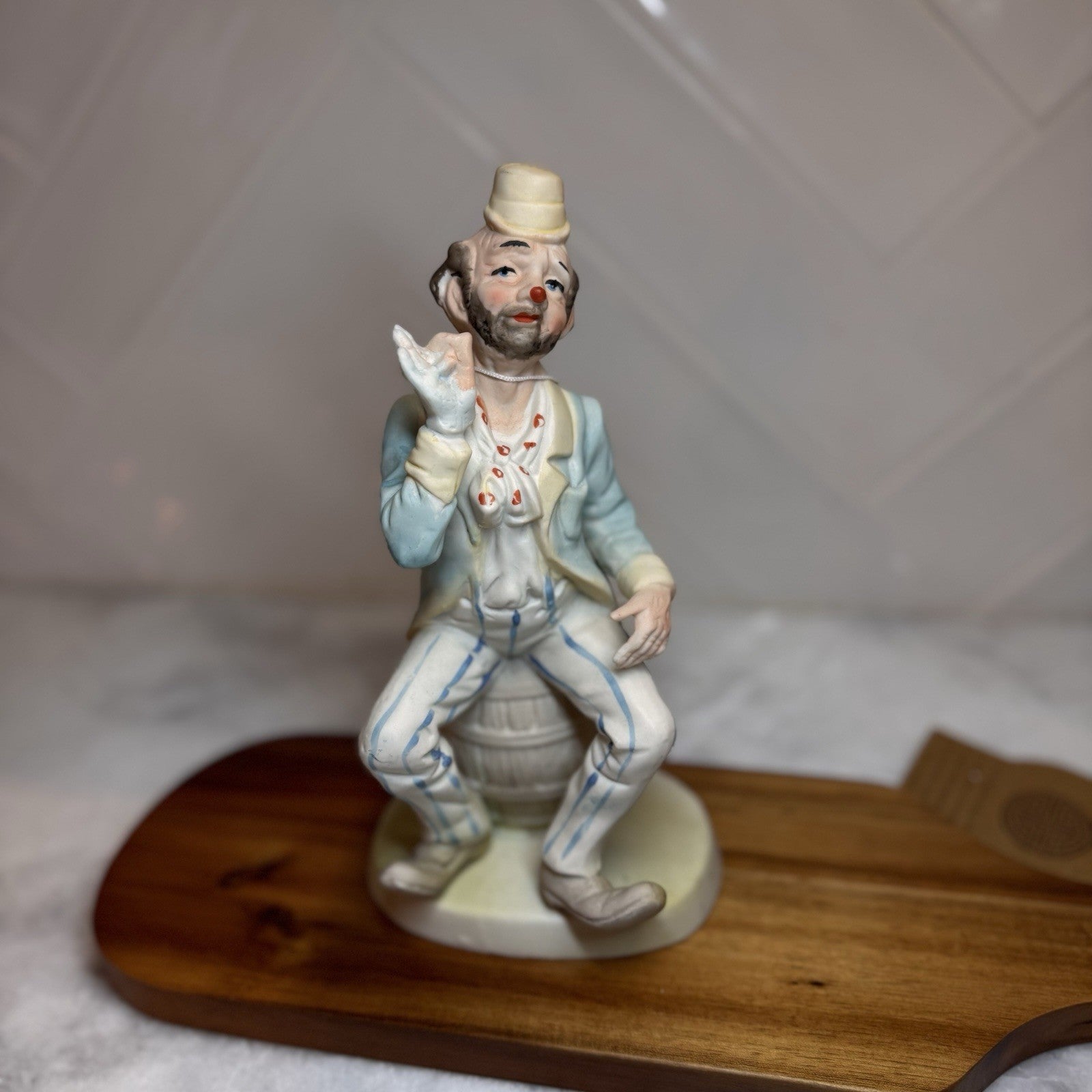 Vintage Bisque Porcelain Hobo Clown Figurine - Sitting on Barrel