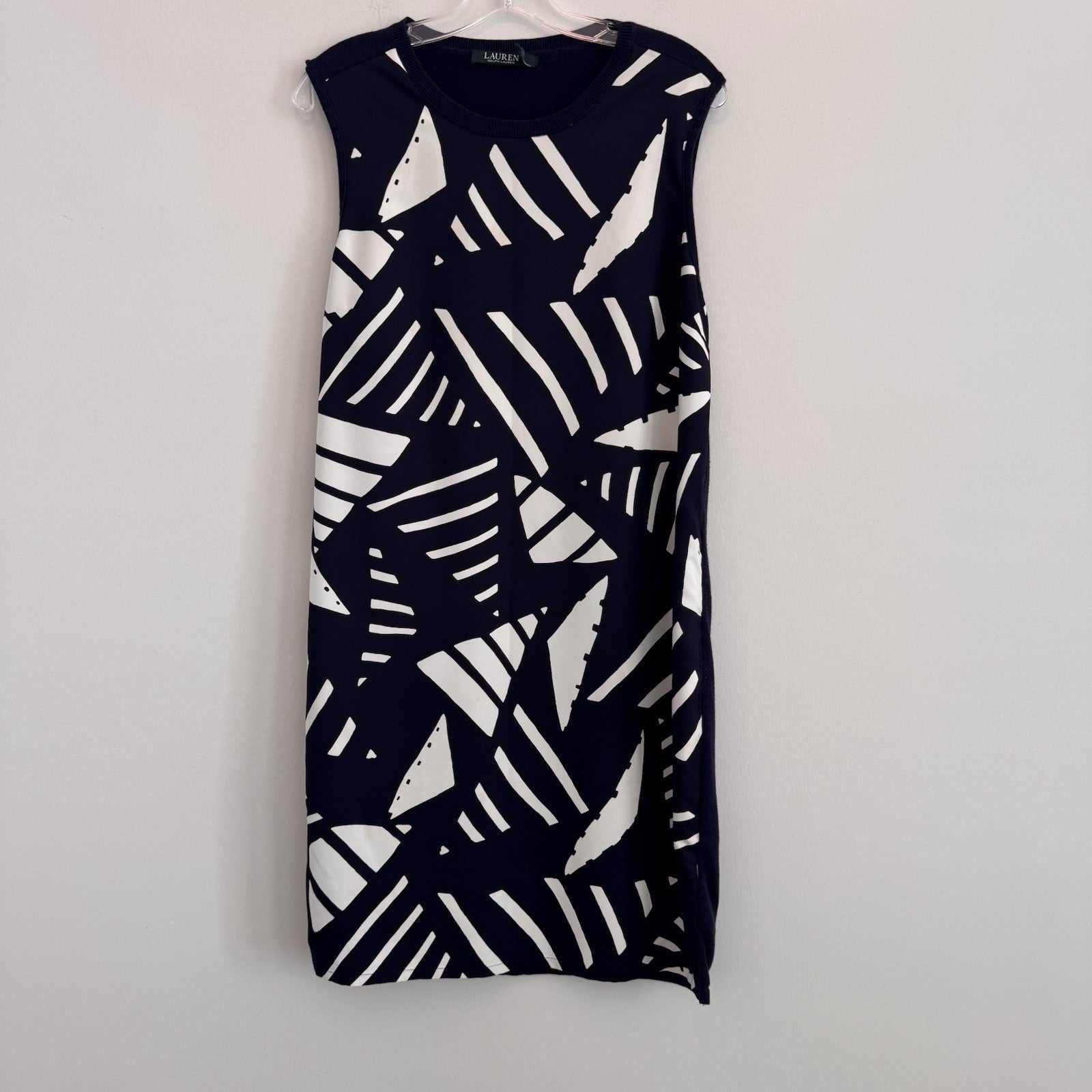Lauren Ralph Lauren Navy White Geometric Sheath Dress Large L Sleeveless Mod